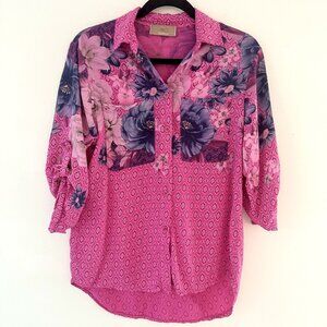Free For Humanity S/M Blouse Button Down Mixed Floral Relaxed Fit Roll Tab Flowy